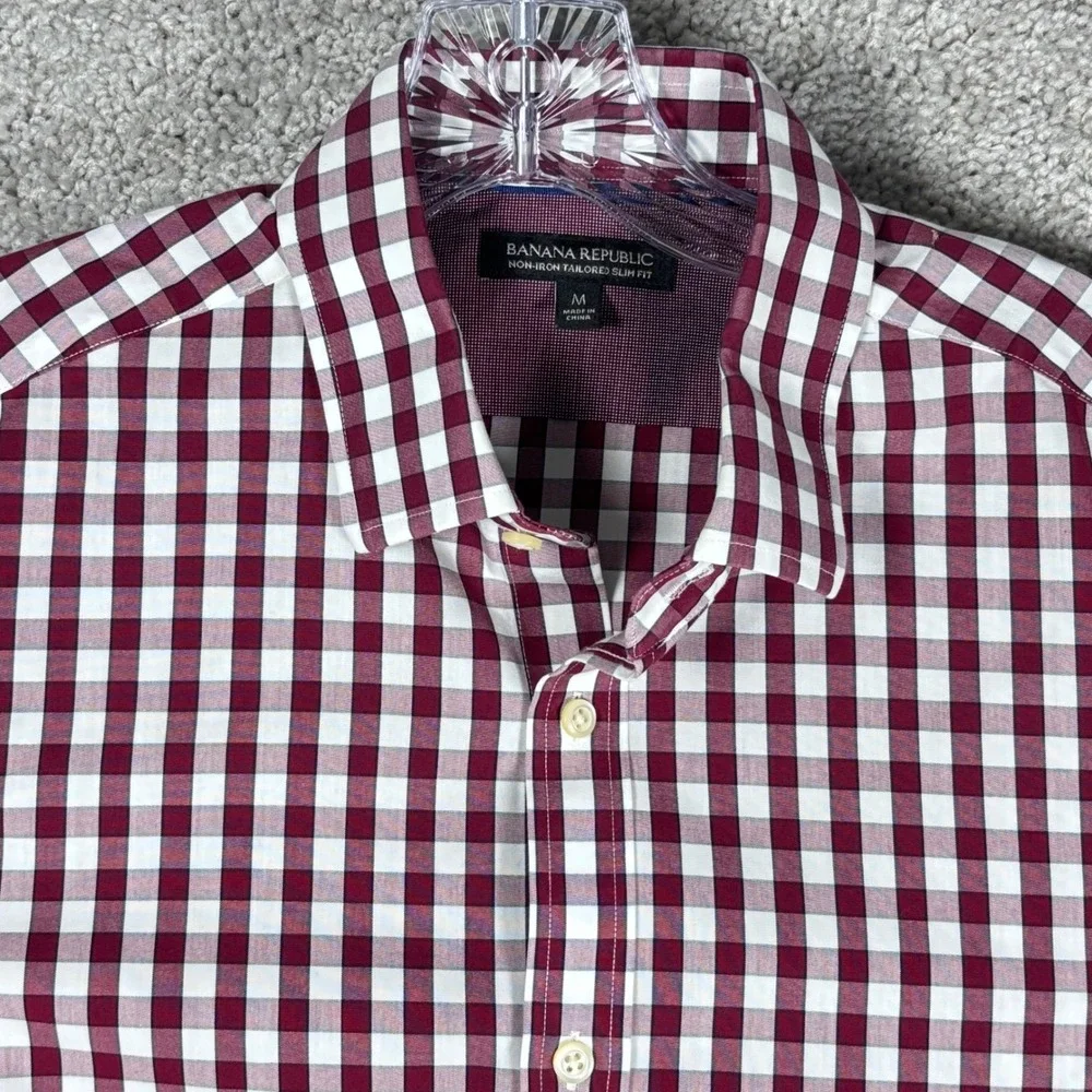 Banana Republic Mens Burgundy Gingham Non Iron Tailored Slim Fit‎ Dress Shirt  M